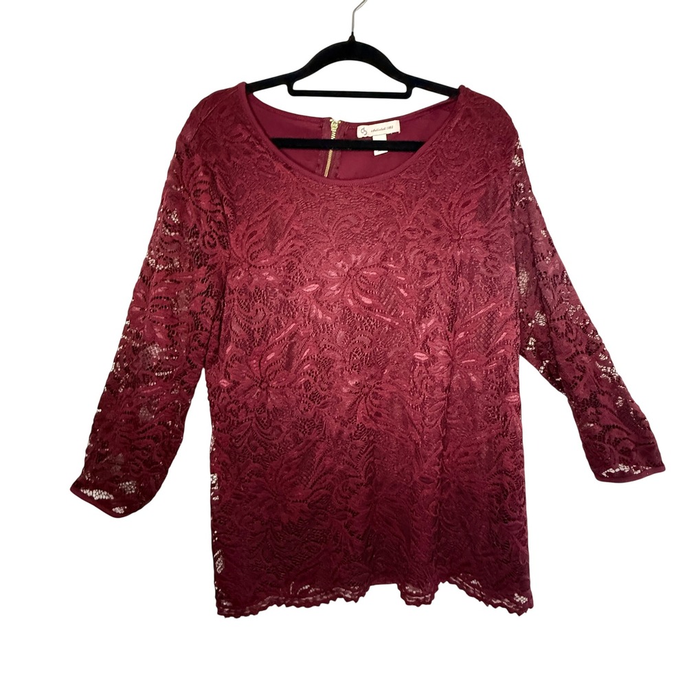 Wine Burgundy Floral Lace 3/4 Sleeve Blouse M Back Zip Romantic Workwear